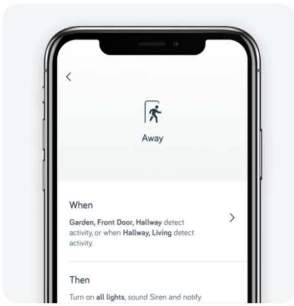 < Away When Garden, Front Door, Hallway detect activity, or when Hallway, Living detect activity. Then Turn on all lights, sound Siren and notify