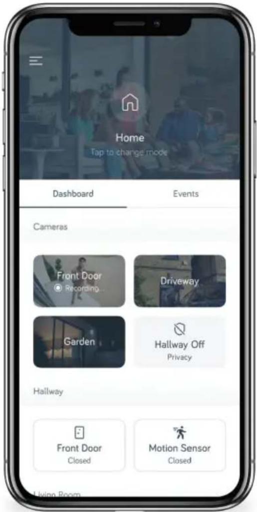 Home Tap to change mode Dashboard Events Cameras Front Door Recording... Driveway Garden Hallway Off Privacy Hallway Front Door Closed Motion Sensor Closed Living Room