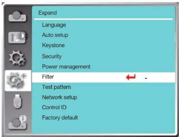Expand Language Auto setup Keystone Security Power management Filter Test pattern Network setup Control ID Factory default