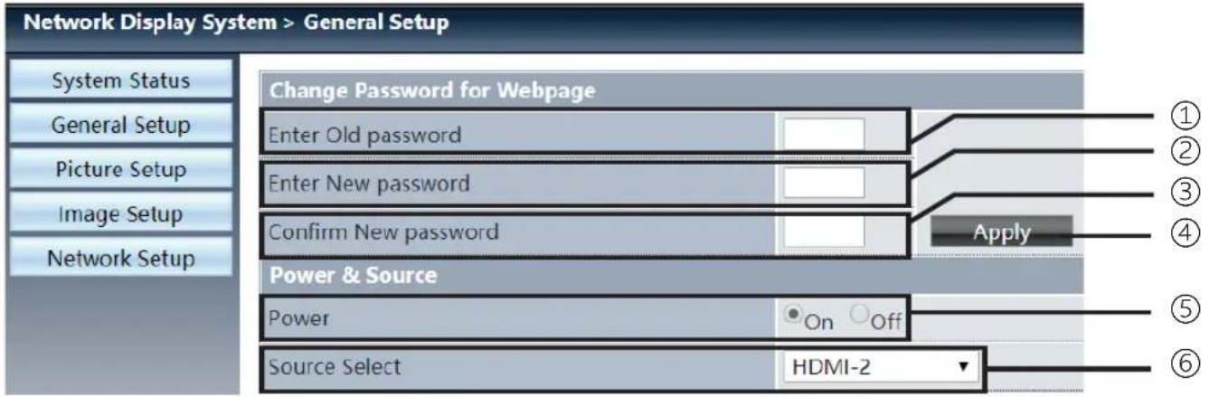 Network Display System > General Setup Change Password for Webpage Enter Old password Enter New password Confirm New password Apply Power & Source Power On Off Source Select HDMI-2 ① ② ③ ④ ⑤ ⑥ System Status General Setup Picture Setup Image Setup Network Setup