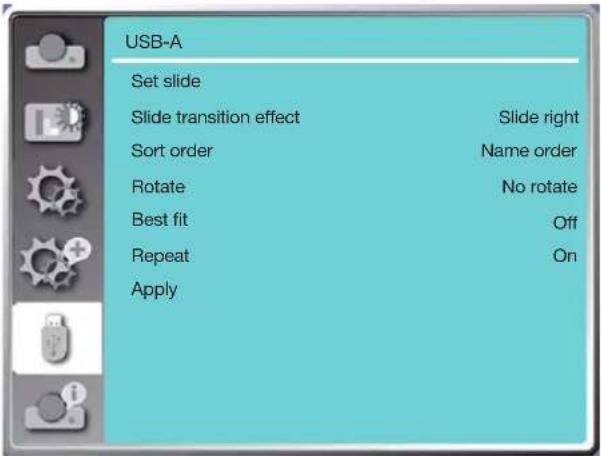 USB-A Set slide Slide transition effect Slide right Sort order Name order Rotate No rotate Best fit Off Repeat On Apply