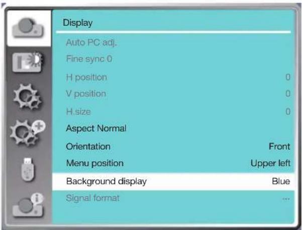Display Auto PC adj. Fine sync 0 H position 0 V position 0 H size 0 Aspect Normal Orientation Front Menu position Upper left Background display Blue Signal format ...