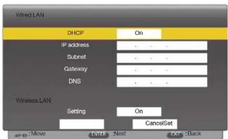 Wind LAN DHCP On IP address Subnet Gateway DNS Wireless LAN Setting On CancelSet Move Next End Back