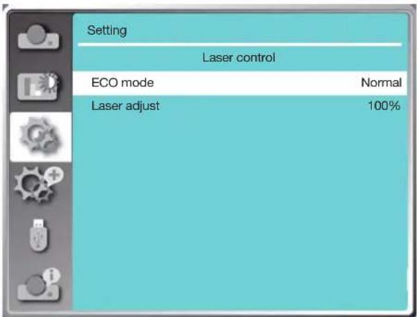 Setting Laser control ECO mode Normal Laser adjust 100%