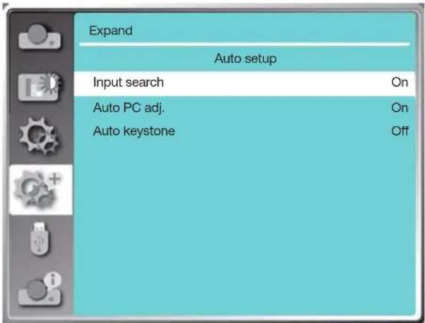 Expand Auto setup Input search On Auto PC adj. On Auto keystone Off