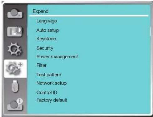 Expand Language Auto setup Keystone Security Power management Filter Test pattern Network setup Control ID Factory default