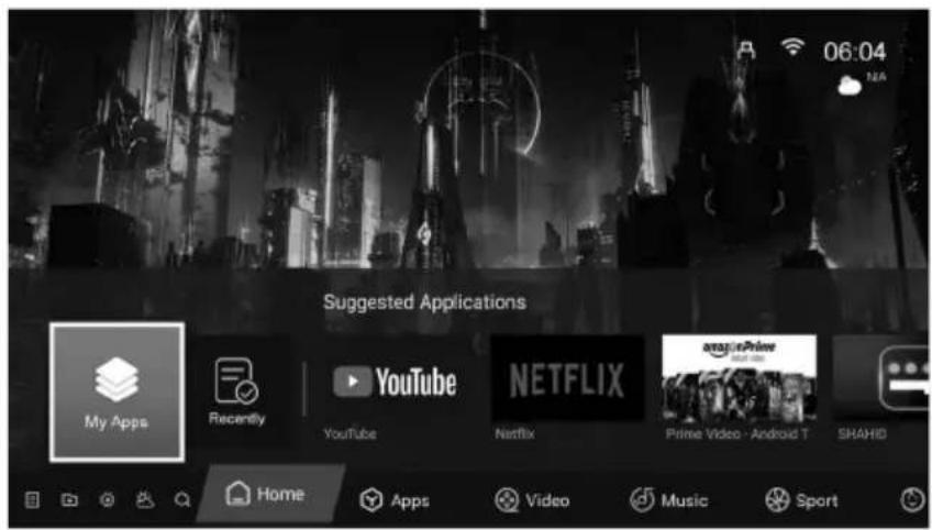 06:04 Suggested Applications My Apps Recently YouTube NETFLIX ansprisPrime YouTube Netflix Prime Video - Android T SHAHID Home Apps Video Music Sport