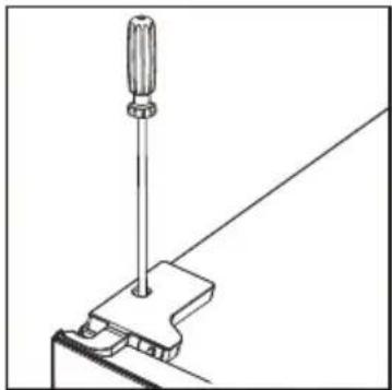 Technical line drawing of a screwdriver inserted into a clamp bracket (no text or symbols)