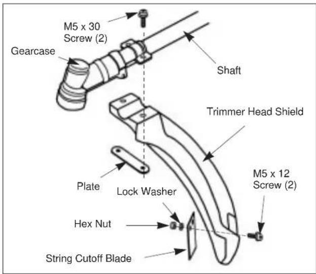M5 x 30 Screw (2) Gearcase Shaft Trimmer Head Shield Plate Lock Washer Hex Nut String Cutoff Blade M5 x 12 Screw (2)
