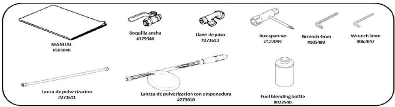 MANUAL #563046 Boquilla ancha #179946 Llave de paso #273613 Box spanner #127099 Wrench 4mm #105489 Wrench 3mm #062047 Lanza de pulverizacion #273611 Lanza de pulverizacion con empunadura #273610 Fuel blending bottle #022540