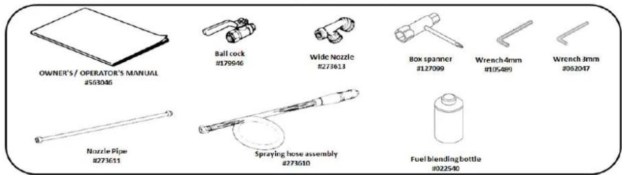 OWNER'S / OPERATOR'S MANUAL #563046 Ball cock #179946 Wide Nozzle #273613 Box spanner #127099 Wrench 4mm #105489 Wrench 3mm #062047 Nozzle Pipe #273611 Spraying hose assembly #273610 Fuel blending bottle #022540
