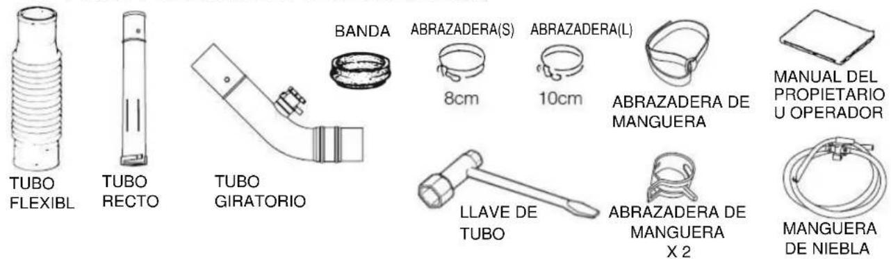TUBO FLEXIBL TUBO RECTO TUBO GIRATORIO BANDA ABRAZADERA(S) 8cm 10cm ABRAZADERA(L) ABRAZADERA DE MANGUERA MANUAL DEL PROPIETARIO U OPERADOR LLAVE DE TUBO ABRAZADERA DE MANGUERA X 2 MANGUERA DE NIEBLA