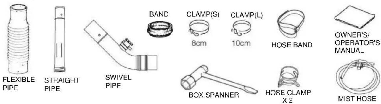 FLEXIBLE PIPE STRAIGHT PIPE SWIVEL PIPE BAND CLAMP(S) 8cm CLAMP(L) 10cm HOSE BAND OWNER'S/ OPERATOR'S MANUAL BOX SPANNER HOSE CLAMP X 2 MIST HOSE