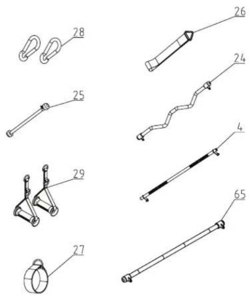 Technical diagram showing various mechanical components with numbered labels, including hooks, rods, and brackets.