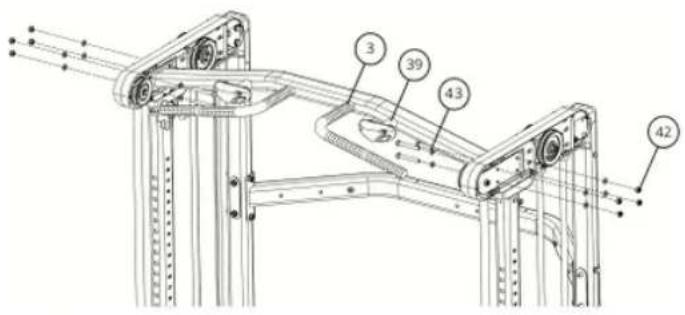 Technical diagram of a mechanical linkage system with numbered components labeled 3, 39, 43, and 42.
