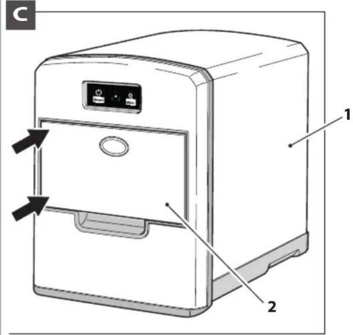 Diagram of a refrigerator with labeled parts and directional arrows indicating airflow or movement.