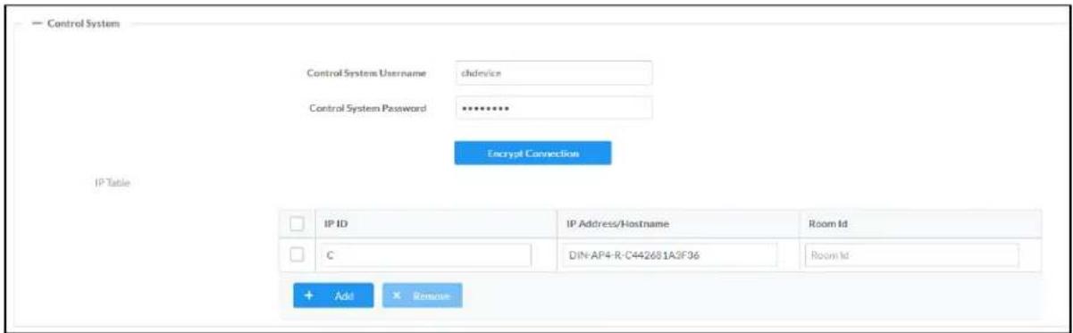 Control System Control System Username chdevice Control System Password ********** Encrypt Connection IP Table IP ID IP Address/Hostname Room Id C DIN-AP4-R-C442681A3F36 Room Id + Add × Remove