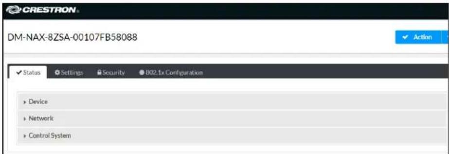 CRESTRON DM-NAX-8ZSA-00107FB58088 ✓ Action Status Settings Security 802.1x Configuration ► Device ► Network ► Control System