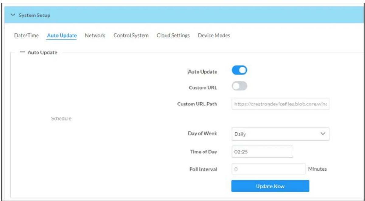 System Setup Date/Time Auto Update Network Control System Cloud Settings Device Modes — Auto Update |Auto Update | Custom URL Custom URL Path https://crestrondevicefiles.blob.core.winc Schedule Day of Week Daily Time of Day 02:25 Poll Interval 0 Minutes Update Now