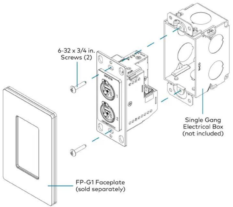 6-32 x 3/4 in. Screws (2) Single Gang Electrical Box (not included) FP-G1 Faceplate (sold separately)