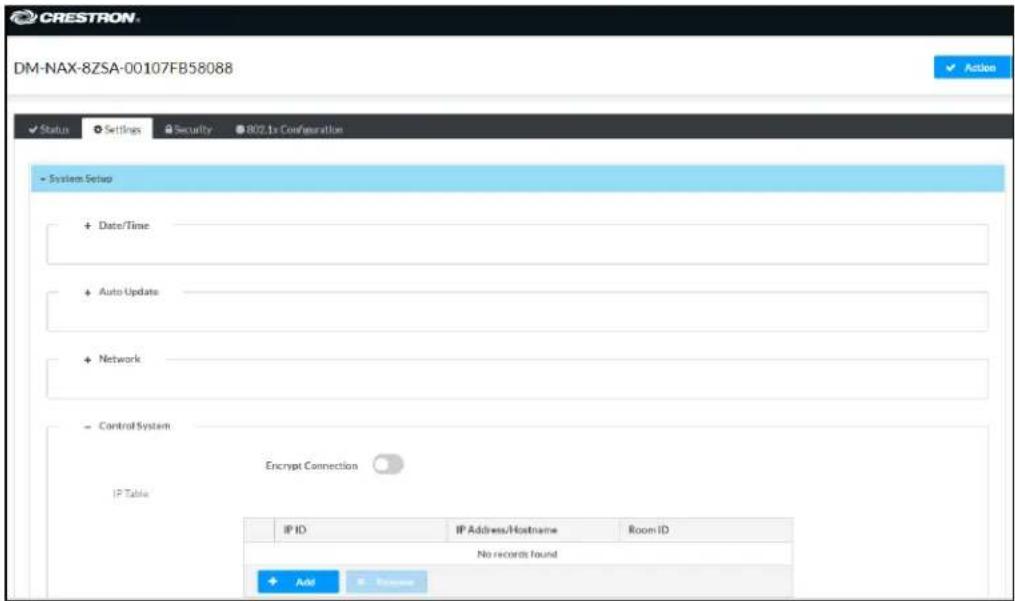 CRESTRON DM-NAX-8ZSA-00107FB58088 Status Settings Security 802.1s Configuration System Setup + Date/Time + Auto Update + Network - Control System Encrypt Connection IP Table IP ID IP Address/Hostname Room ID No records found Add Remove