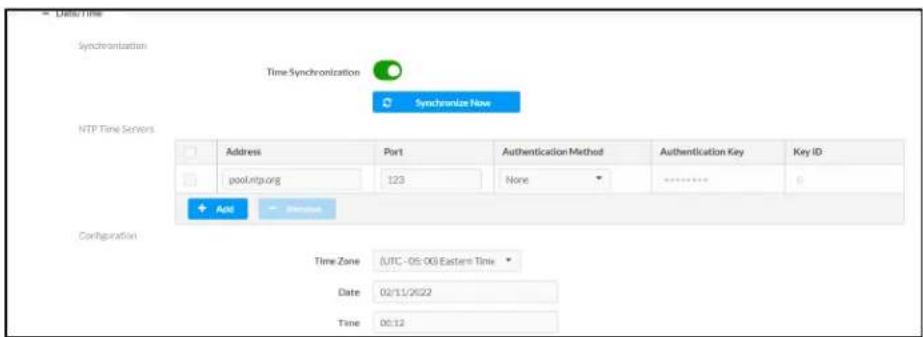 Synchronization Time Synchronization Synchronize Now NTP Time Servers Address Port-Augustification Method-Augustification Key-May ID pool.ntg.org 123 None ****** And Stherefore Configuration Time Zone (UTC - 05:00 Eastern Time Date 02/11/2022 Time 00:12
