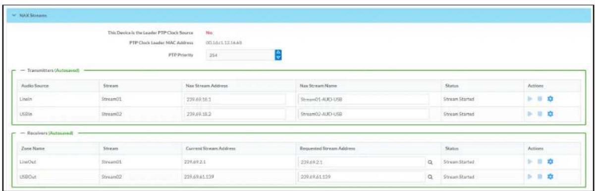 NAX Stream This Device is the Leader PTP Clock Source No. PTP Clock Leader MAC Address (0.16.1.12.16.63) PTP Priority 254 Transmitters (Automated) Audio Source Stream Nax Stream Address Nax Stream Name Status Actions Linain Stream01 239.69.16.1 Stream01-AUD-USB Stream Started USBIn Stream02 239.69.18.2 Stream02-AUD-USB Stream Started Receivers (Automated) Zone Name Stream Current Stream Address Requested Stream Address Status Actions LiveOut Stream01 239.69.2.1 239.69.2.1 Stream Started USBOut Stream02 239.69.61.139 239.69.61.139 Stream Started