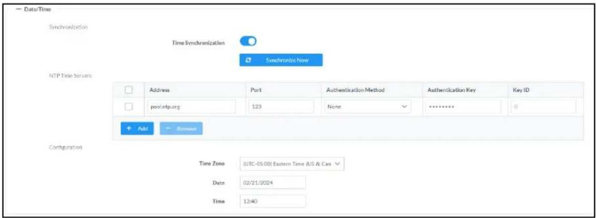 Date/Time Synchronization Time Synchronization Synchronize Now NTP Time Servers Address Port-Augustification Method-Augustification Key-May ID pool.ntp.org 123 None ******* 0 + Add Remove Configuration Time Zone (UTC-05:00) Eastern Time (US & Can Date 02/21/2024 Time 12:40