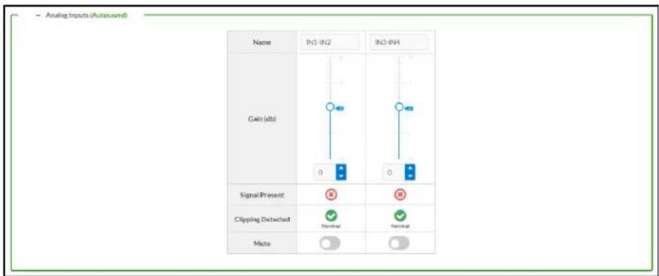 Analog Inputs (Autosaved) Name IN1-IN2 IN3-IN4 Gain (db) 0 0 Signal/Present ✓ ✓ Clipping Detected ✓ ✓ Mate ✓ ✓