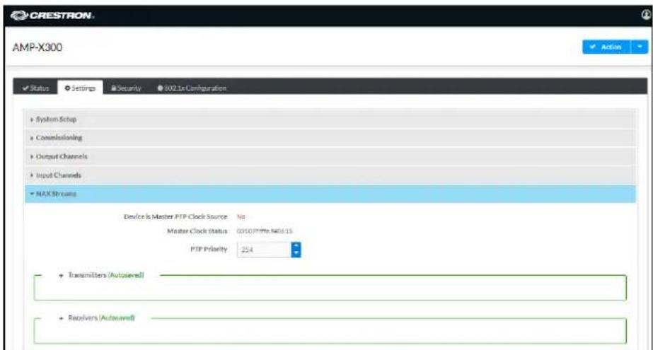 CRESTRON. AMP-X300 Status Settings Security 202.1x Configuration + System Setup + Commissioning + Output Channels + Input Channels + NAX Streams Device is Master FTP Clock Source: No Master Clock Status: 00107PPTM.PA0615 FTP Priority: 254 + Transmitters (Autosaved) + Receivers (Autosaved)