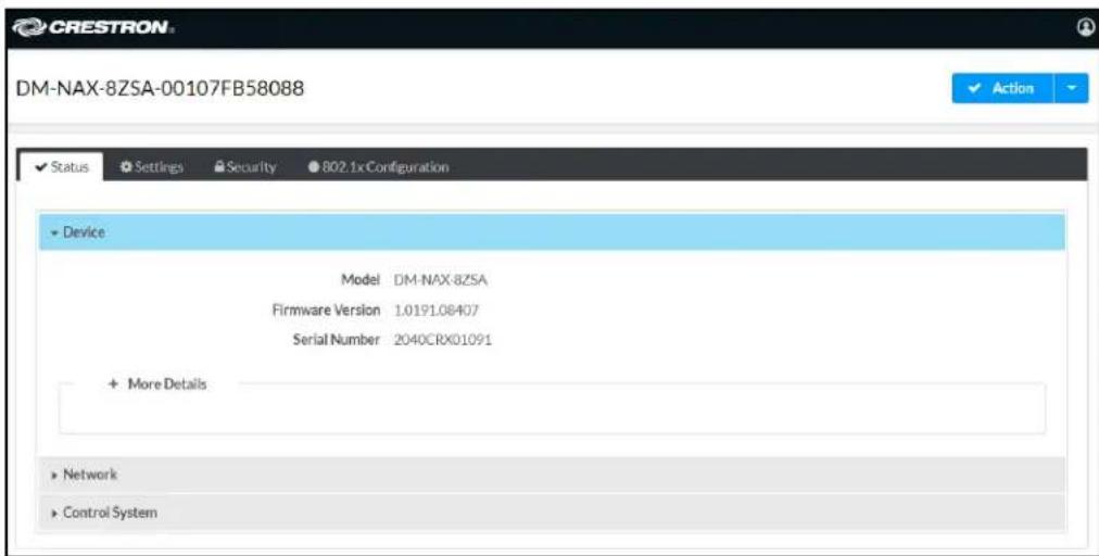 CRESTRON DM-NAX-8ZSA-00107FB58088 Status Settings Security 802.1xConfiguration Device Model DM-NAX-8ZSA Firmware Version 1.0191.08407 Serial Number 2040CRX01091 + More Details Network Control System