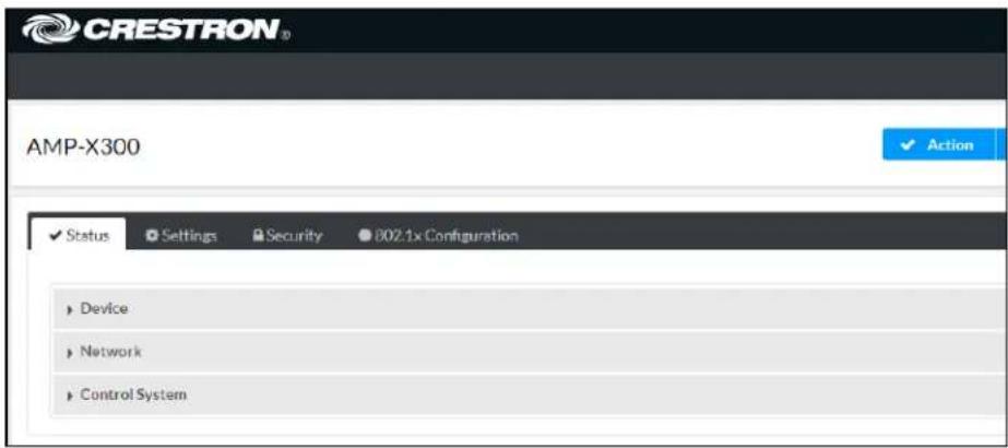 CRESTRON AMP-X300 ✓ Action ✓ Status Settings Security 802.1x Configuration ► Device ► Network ► Control System