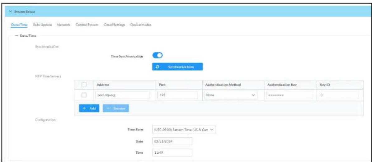 System Setup Date/Time AutoUpdate Network Control System Cloud Settings Device Modes Data/Time Synchronization Time Synchronization Synchronize Now NTP Time Servers Address Part Authentication Method Authentication Key Key ID pool.ntp.org 123 None ******** 0 + Add → Enable Configuration Time Zone (UTC-05:00) Eastern Time (US & Can Date 02/21/2024 Time 11:49