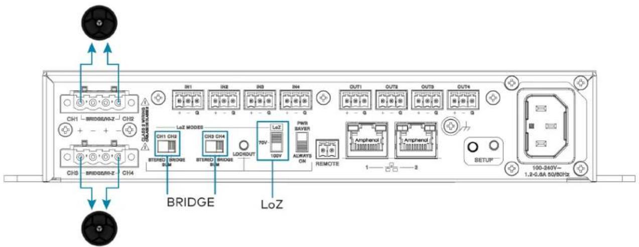 CH1 BRIDGE/Hz CH2 CH0 BRIDGE/Hz CH4 IN1 IN2 IN3 IN4 + - Q + - Q + - Q LAZ MODES CH1 CH2 STEREO BRIDGE STEREO BRIDGE LOCKOUT 70V- 100V PWR SAVER ALWAYS ON REMOTE Amphenol Amphenol OUT1 OUT2 OUT3 OUT4 1 2 SETUF 100-260V- 1.2-0.8A 50/50Hz BRIDGE LoZ