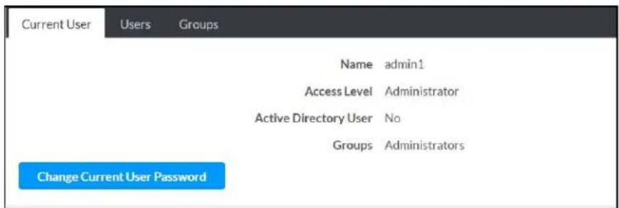 Current User Users Groups Name admin1 Access Level Administrator Active Directory User No Groups Administrators Change Current User Password