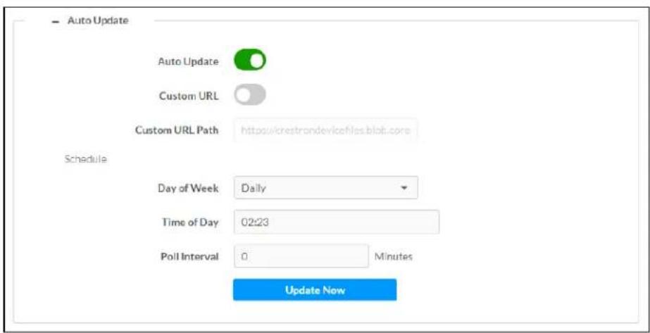 Auto Update Auto Update Custom URL Custom URL Path http://crestrondevice/files.blab.com Schedule Day of Week Daily Time of Day 02:23 Poll Interval 0 Minutes Update Now