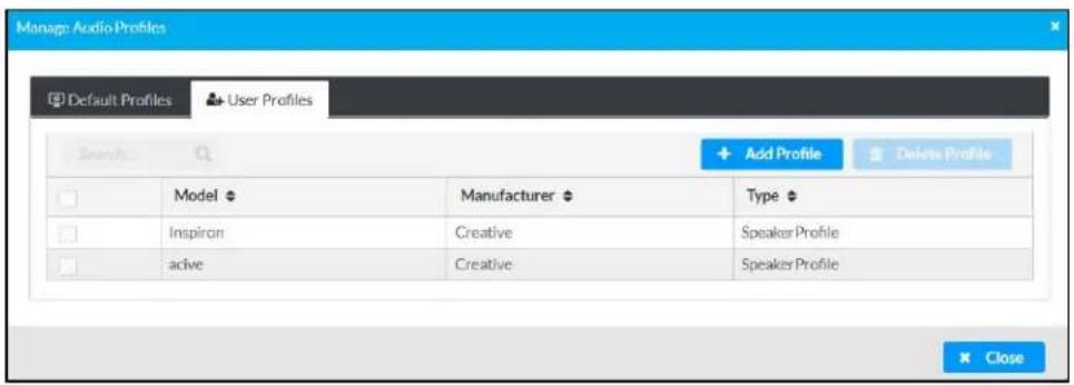 Manage Audio Profiles Default Profiles User Profiles Search... Add Profile Delete Profile Model Manufacturer Type Inspiron Creative Speaker Profile active Creative Speaker Profile Close