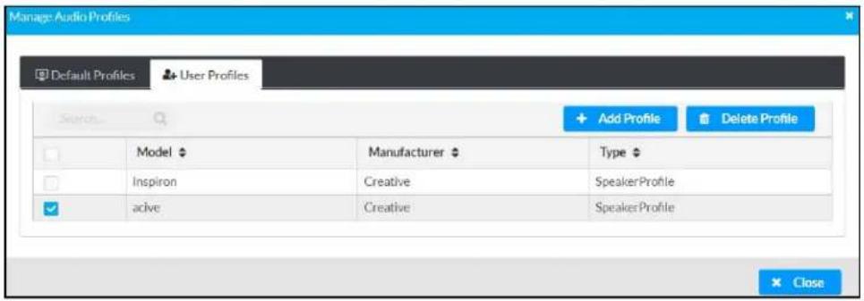 Manage Audio Profiles Default Profiles User Profiles Search... Add Profile Delete Profile Model Manufacturer Type Inspiron Creative SpeakerProfile active Creative SpeakerProfile Close