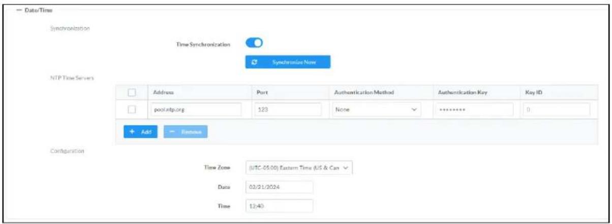Date/Time Synchronization Time Synchronization Synchronize Now NTP Time Servers Address Port-Augustification Method-Augustification Key.Key ID pool.ntp.org 123 None ******* 0 + Adt - Restore Configuration Time Zone (UTC-05:00) Eastern Time (US & Can Date 02/21/2024 Time 12:40