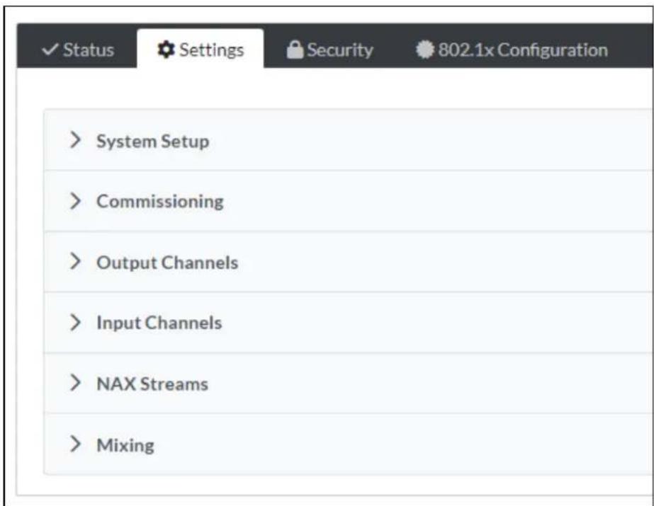 Status Settings Security 802.1x Configuration > System Setup > Commissioning > Output Channels > Input Channels > NAX Streams > Mixing