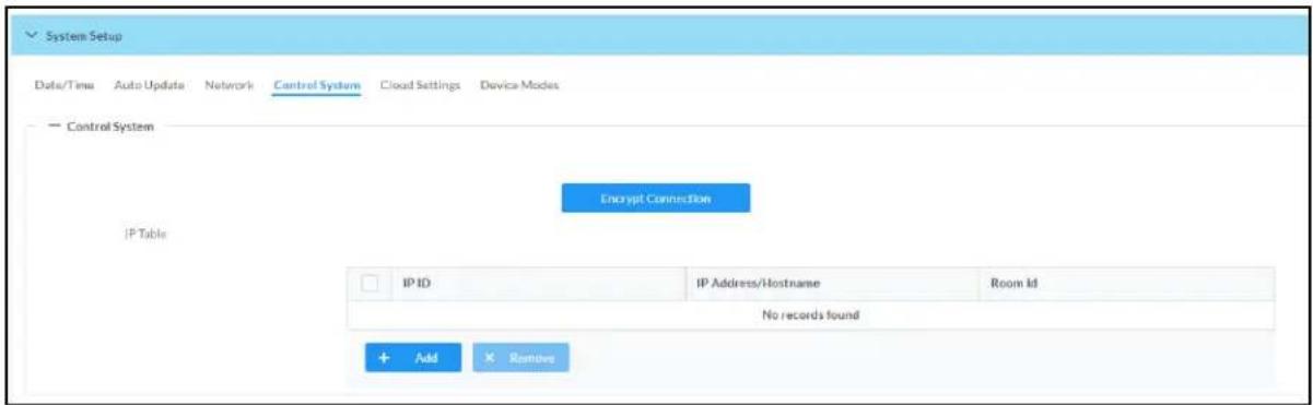 System Setup Data/Time Auto Update Network Control System Cloud Settings Device Modes Control System Encrypt Connection IP Table IP ID IP Address/Hostname Room Id No records found + Add X Remove
