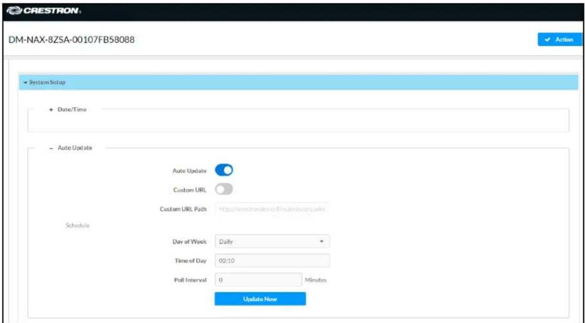 CRESTRON DM-NAX-8ZSA-00107FB58088 Action System Setup + Date/Time - Auto Update Schedule Auto Update Custom URL Custom URL Path https://www.danielov.cn/Ednbrch.org/defn Day of Week Daily Time of Day 02:10 Poll Interval 0 Minutes Update Now
