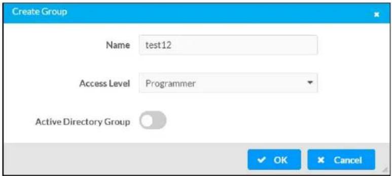 Create Group Name test12 Access Level Programmer Active Directory Group ✓ OK ✗ Cancel