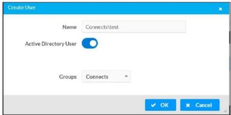Create User Name Connects\test Active Directory User Groups Connects OK Cancel