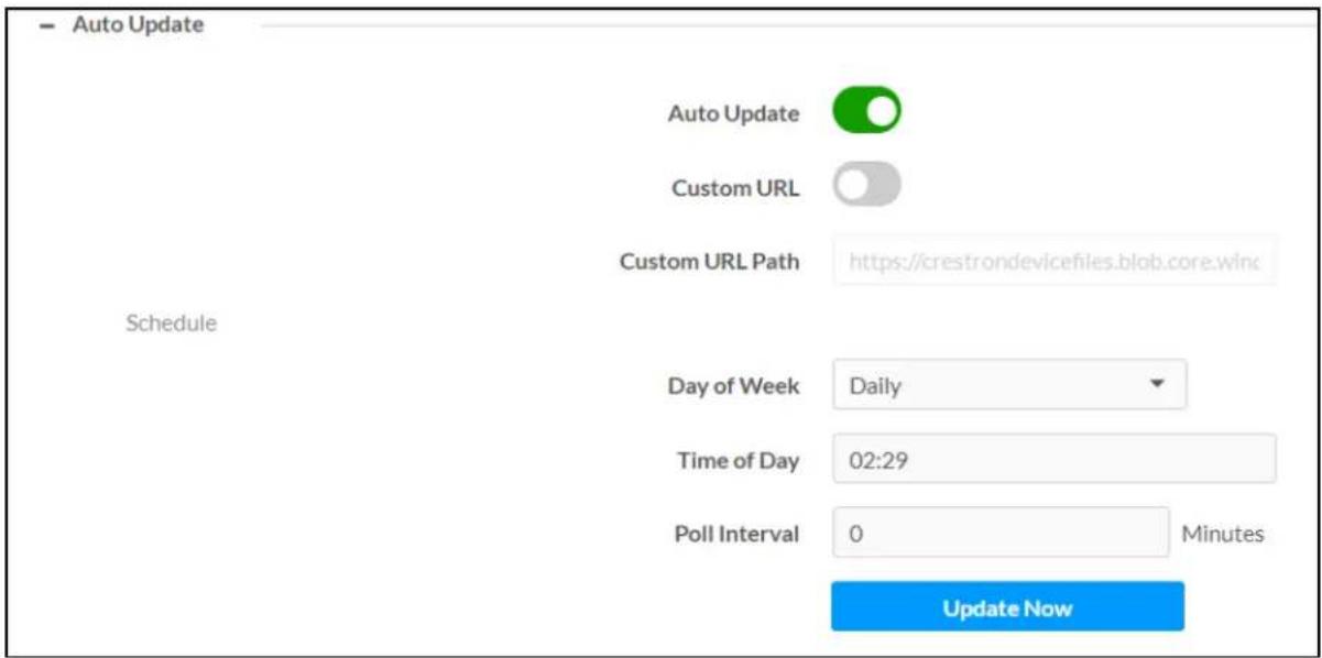 Auto Update Auto Update Custom URL Custom URL Path https://crestrondevicefiles.blob.core.winc Schedule Day of Week Daily Time of Day 02:29 Poll Interval 0 Minutes Update Now
