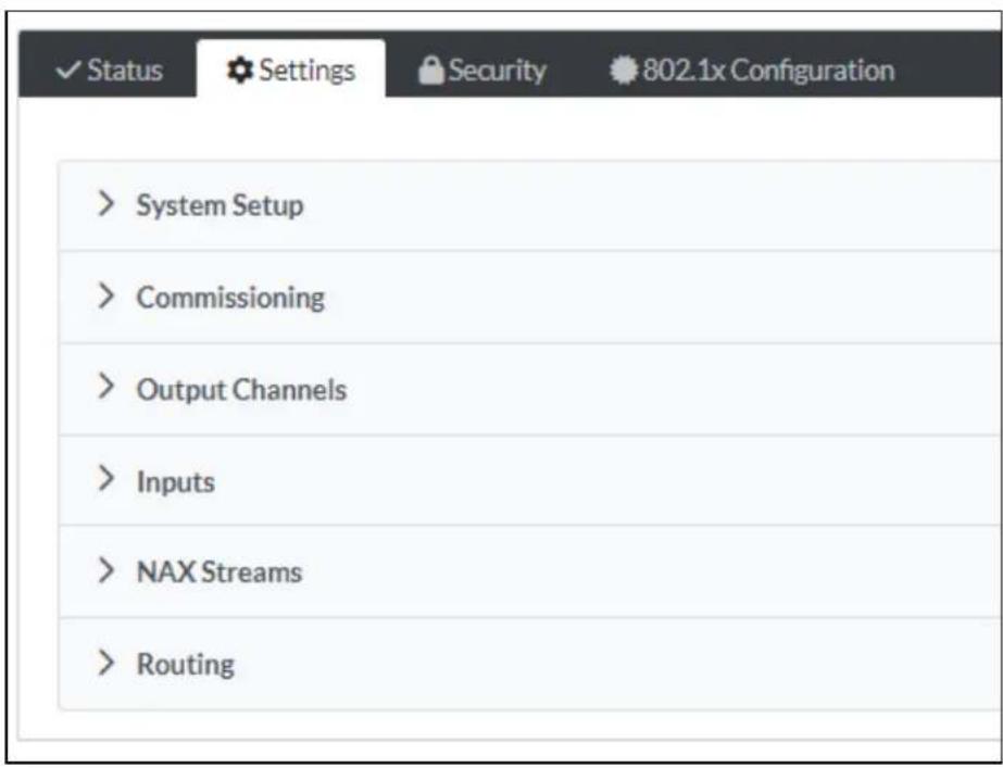 Status Settings Security 802.1x Configuration > System Setup > Commissioning > Output Channels > Inputs > NAX Streams > Routing