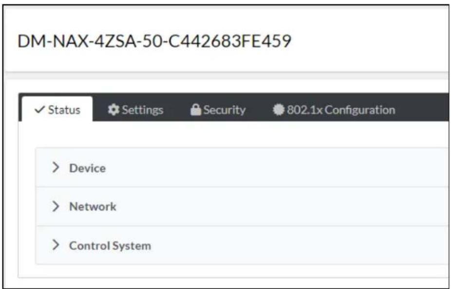 DM-NAX-4ZSA-50-C442683FE459 Status Settings Security 802.1x Configuration > Device > Network > Control System