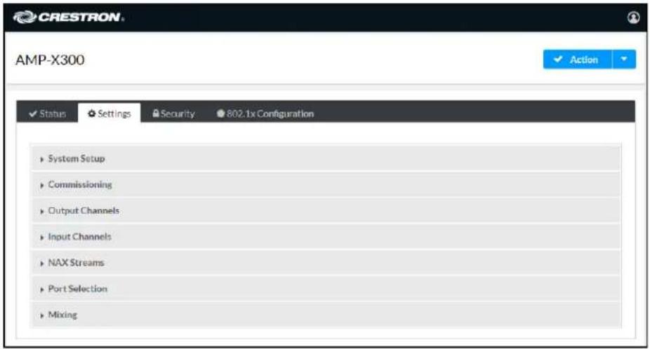 CRESTRON AMP-X300 ✓ Action ✓ Status ✓ Settings Security ●802.1x Configuration ► System Setup ► Commissioning ► Output Channels ► Input Channels ► NAX Streams ► Port Selection ► Mixing