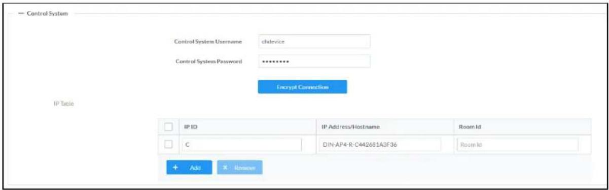 Control System Control System Username chdevice Control System Password ********** Encrypt Connection IP Table IP ID IP Address/Hostname Room Id C DIN-AP4-R-C442681A3F36 Room Id + Add X Remove