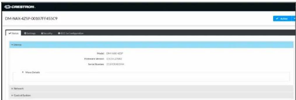 CRESTRON DM-NAX-4ZSP-00107FF455C9 Status Bottom Security 2023 to Configuration Device Model: DM-NAX-4ZSP Firmware Version: 03324.23582 Serial Number: 213700401994 More Details Network Control System